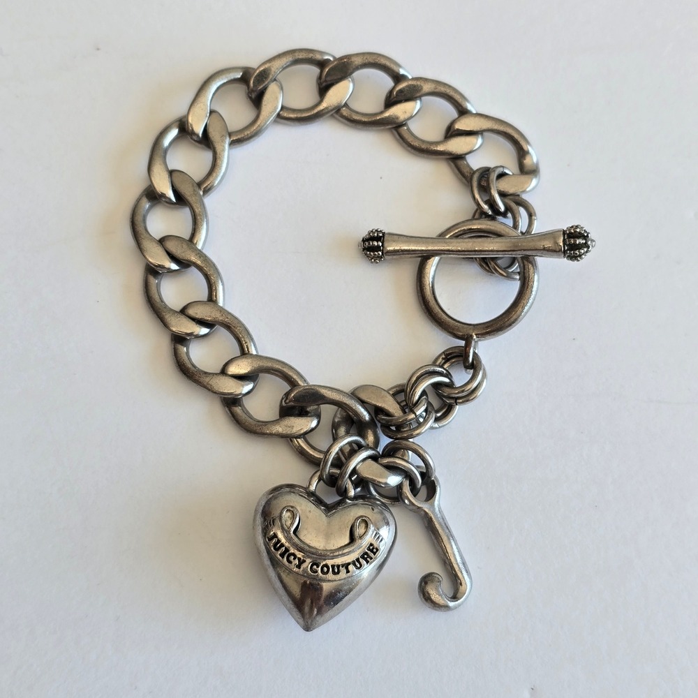 Juicy Couture Bracelet Silver Tone Chunky Curb Chain Heart J Charm Jewelry